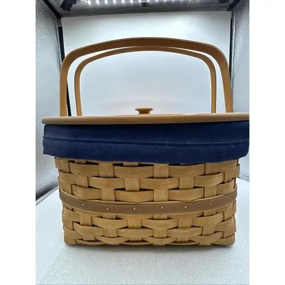Longaberger 2003 Hostess Two Pie Basket, Wood Riser & Blue Fabric Liner12x12x8
